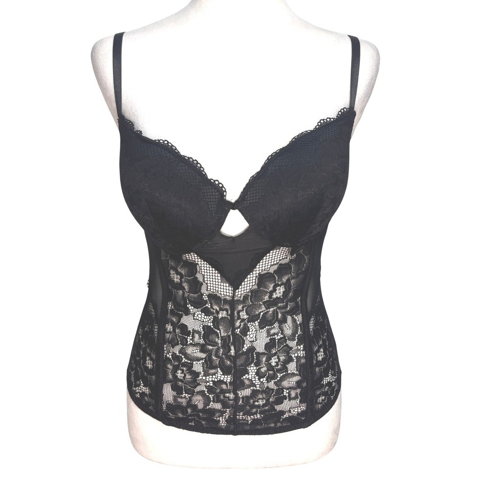 Lace Bustier Corset Top Women 34C Black Floral Mesh Lingerie Goth Coquette Layer